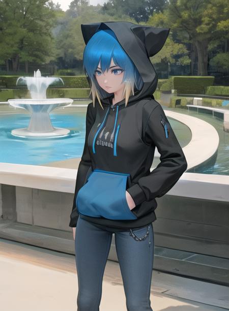 1665721851323-3574677329-SS_Eve, bluehair, black hoodie, hood, denim jeans, standing, facing viewer, beautiful eyes, in park with fountain,.png